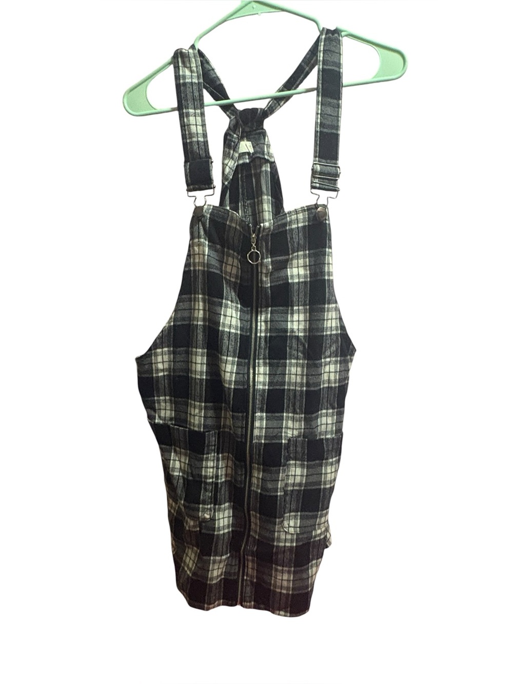 Plaid Overall Dress with Front Zip - Black/White
